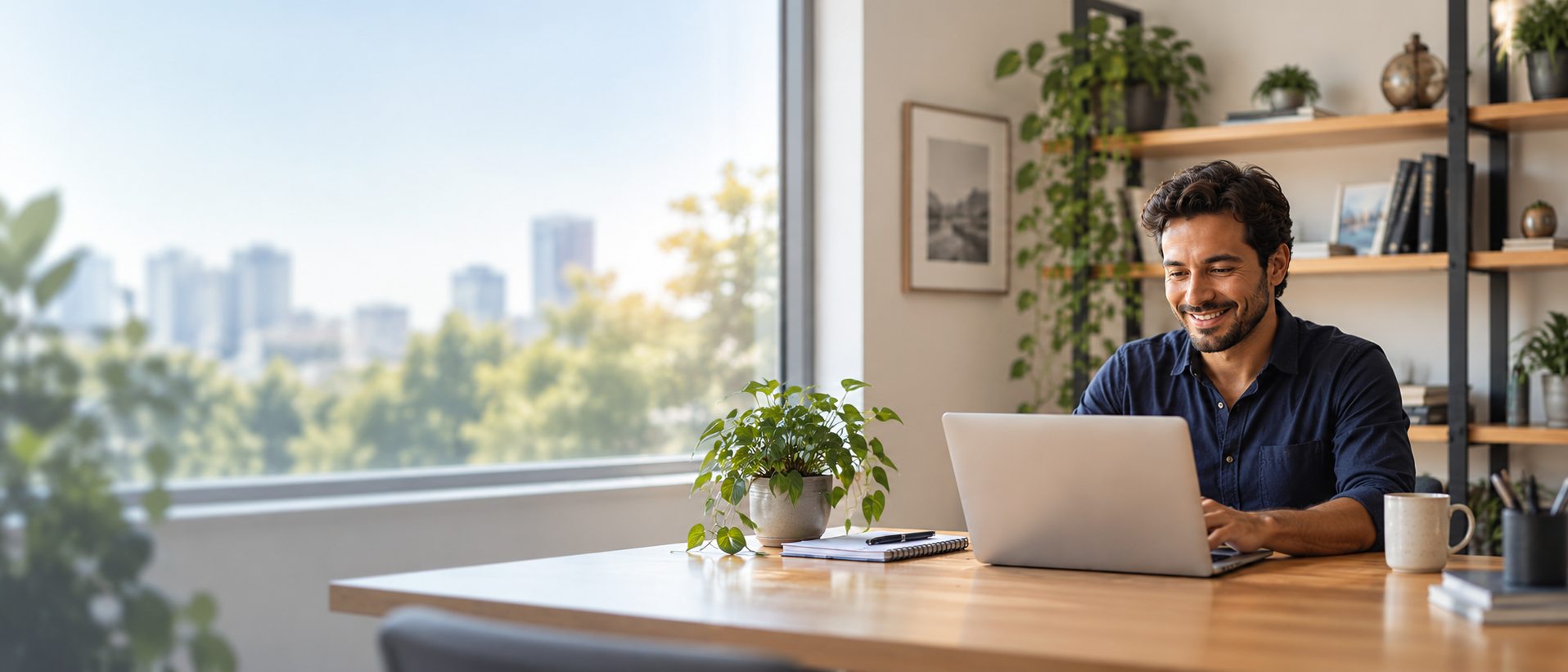 Pequeno empreendedor trabalhando tranquilamente em um ambiente acolhedor