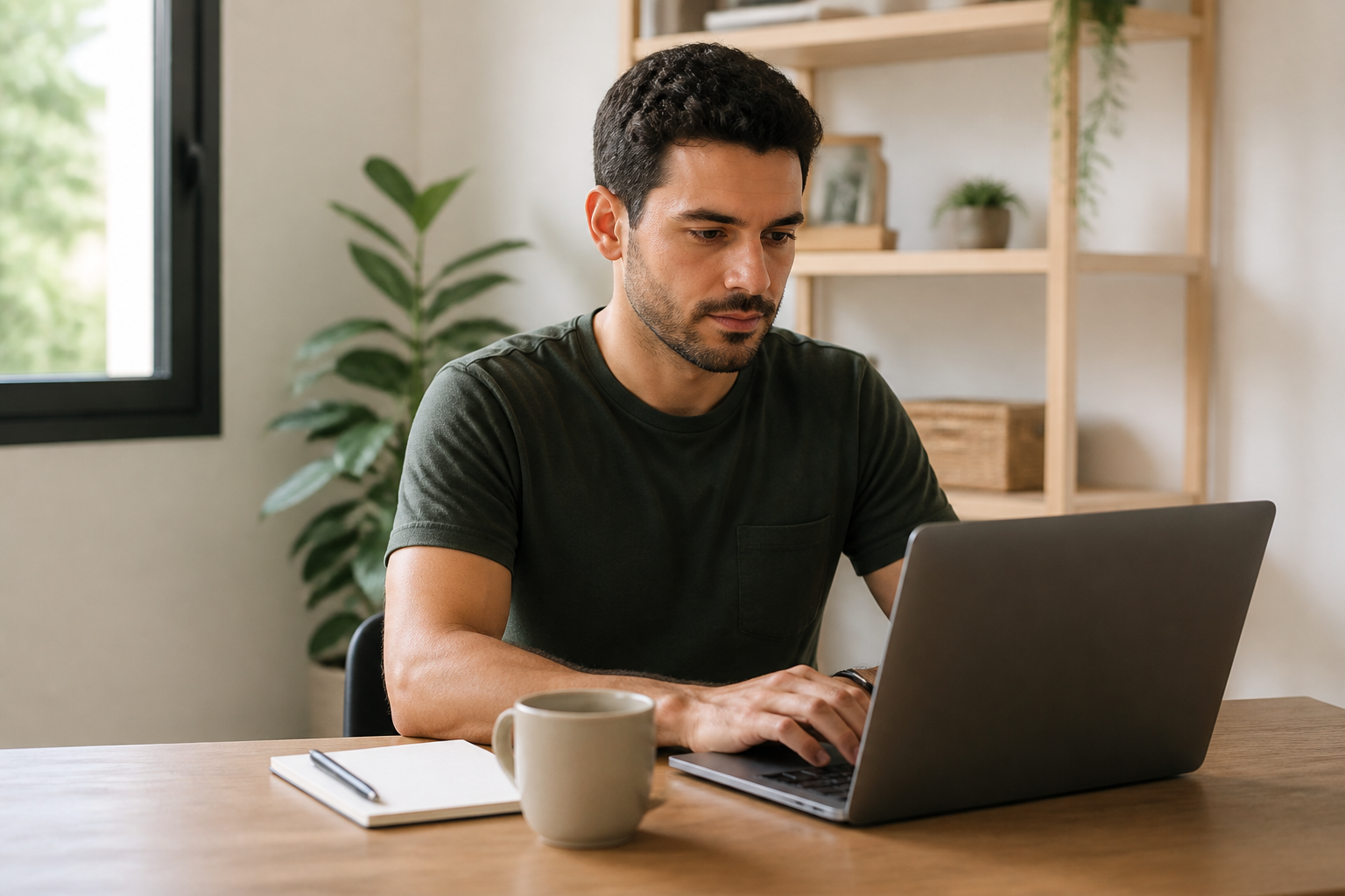 Profissional autônomo trabalhando com notebook em um ambiente simples e organizado